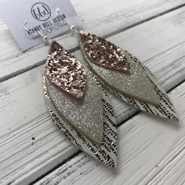 DOROTHY - Leather Earrings  ||  <BR> ROSE GOLD GLITTER (NOT REAL LEATHER) <BR> SHIMMER CHAMPAGNE <BR> METALLIC ROSE GOLD SANDS