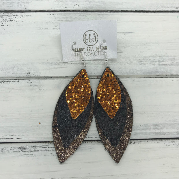 DOROTHY - Leather Earrings  ||  <BR> ORANGE GLITTER (NOT REAL LEATHER) <BR> SHIMMER BLACK <BR> SHIMMER COPPER