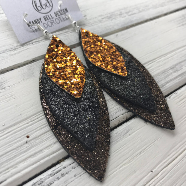 DOROTHY - Leather Earrings  ||  <BR> ORANGE GLITTER (NOT REAL LEATHER) <BR> SHIMMER BLACK <BR> SHIMMER COPPER