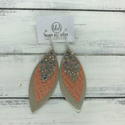 DOROTHY - Leather Earrings  ||  <BR> GLAMOUR GLITTER (NOT REAL LEATHER) <BR> SALMON PANAMA WEAVE <BR> METALLIC CHAMPAGNE SMOOTH