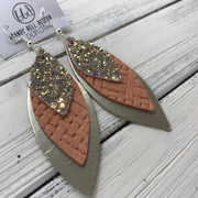 DOROTHY - Leather Earrings  ||  <BR> GLAMOUR GLITTER (NOT REAL LEATHER) <BR> SALMON PANAMA WEAVE <BR> METALLIC CHAMPAGNE SMOOTH