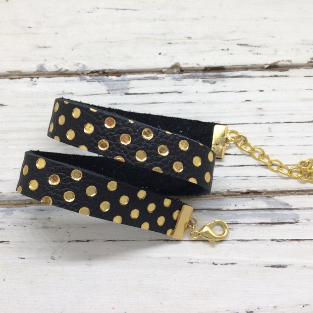 ANGEL - WRAP BRACELET / CHOKER NECKLACE - handmade by Brandy Bell Design || MATTE BLACK WITH METALLIC GOLD POLKA DOTS