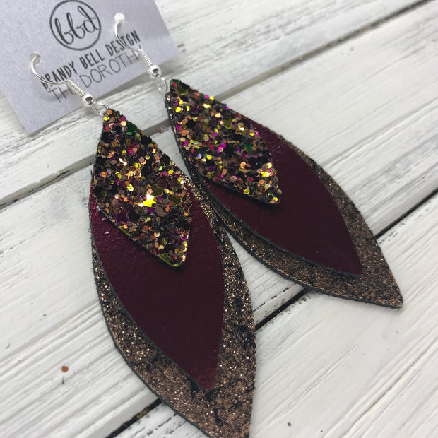 DOROTHY - Leather Earrings  ||  <BR> AUTUMN HARVEST GLITTER (NOT REAL LEATHER) <BR> METALLIC BURGUNDY SMOOTH <BR> SHIMMER COPPER