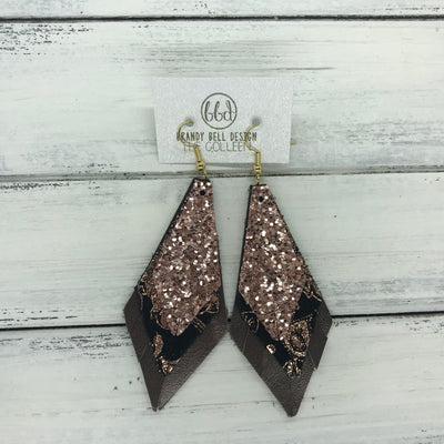 COLLEEN -  Leather Earrings  ||   ROSE GOLD GLITTER (NOT REAL LEATHER), <BR> METALLIC COPPER PAISLEY, <BR> PEARLIZED BROWN