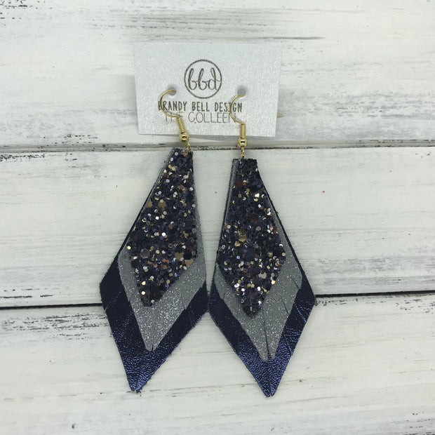 COLLEEN -  Leather Earrings  ||   NAVY/SILVERGOLD GLITTER (NOT REAL LEATHER), <BR> SHIMMER GRAY, <BR> METALLIC NAVY SMOOTH