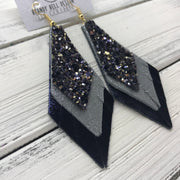 COLLEEN -  Leather Earrings  ||   NAVY/SILVERGOLD GLITTER (NOT REAL LEATHER), <BR> SHIMMER GRAY, <BR> METALLIC NAVY SMOOTH