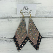 COLLEEN -  Leather Earrings  ||   GLAMOUR GLITTER (NOT REAL LEATHER), <BR> SHIMMER VINTAGE PINK, <BR> BLACK WITH METALLIC ROSE GOLD POLKADOTS