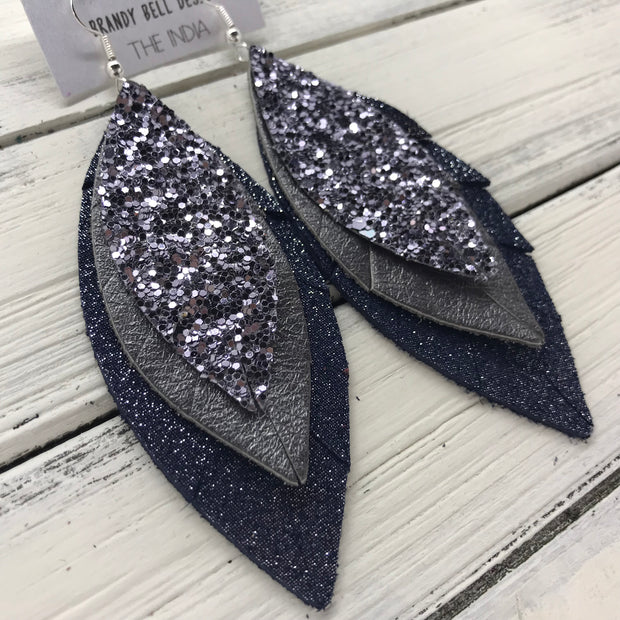 INDIA - Leather Earrings  ||   <BR> PEWTER GLITTER (NOT REAL LEATHER), <BR> PEARLIZED GRAY, <BR> SHIMMER NAVY