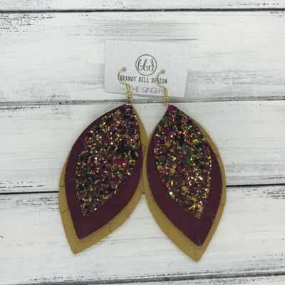 GINGER - Leather Earrings  ||  <BR>  AUTUMN HARVEST GLITTER (NOT REAL LEATHER), <BR>METALLIC BURGUNDY,  <BR> MUSTARD YELLOW