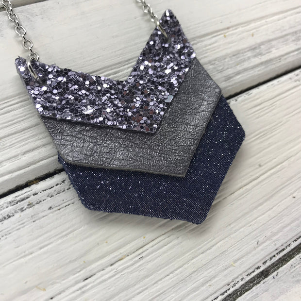 EMERSON - Leather Necklace  ||  <BR> PEWTER GLITTER (NOT REAL LEATHER), <BR> PEARLIZED GRAY, <BR>SHIMMER NAVY