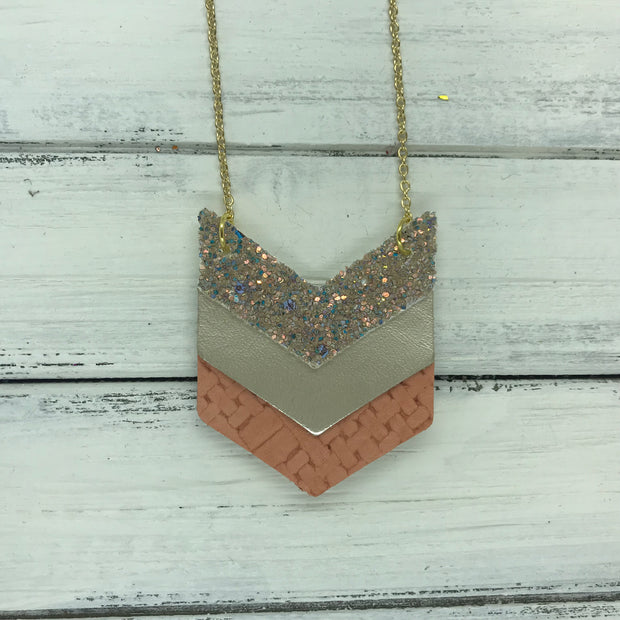 EMERSON - Leather Necklace  ||  <BR> GLAMOUR GLITTER (NOT REAL LEATHER), <BR> METALLIC CHAMPAGNE SMOOTH, <BR>SALMON PANAMA WEAVE