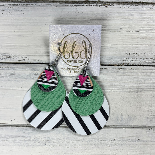 LINDSEY - Leather Earrings  ||   <BR>  ABSTRACT GEOMETRIC *pattern placement will vary*, <BR> MINT GREEN PALMS,  <BR> BLACK & WHITE STRIPE