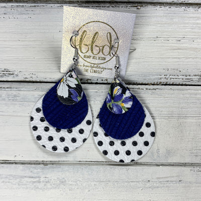 LINDSEY - Leather Earrings  ||   <BR>  FLORAL ON BLACK, <BR> COBALT BLUE PALMS,  <BR> BLACK & WHITE POLKADOTS