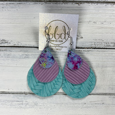 LINDSEY - Leather Earrings  ||   <BR>  TIE DYE ON AQUA, <BR> LAVENDER STRIPE TEXTURE,  <BR> AQUA BRAID