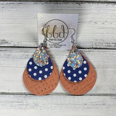 LINDSEY - Leather Earrings  ||   <BR>  PEACHES N CREAM GLITTER (FAUX LEATHER), <BR> NAVY POLKADOTS,  <BR> CORAL PANAMA WEAVE
