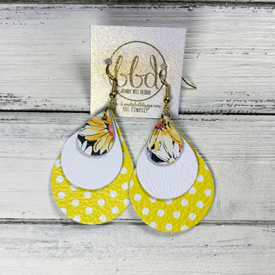 LINDSEY - Leather Earrings  ||   <BR>  FLORAL ON BLACK, <BR> MATTE WHITE,  <BR> BRIGHT YELLOW POLKADOTS