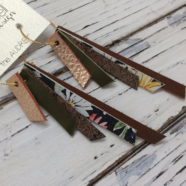 AUDREY - Leather Earrings  || METALLIC COPPER, OLIVE GREEN, SHIMMER COPPER, FLORAL, BROWN