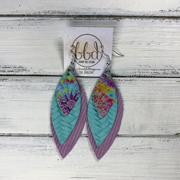 DOROTHY - Leather Earrings  ||  <BR> TIE DYE ON AQUA, <BR> AQUA BRAID, <BR> LILAC STRIPE TEXTURE