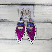 DOROTHY - Leather Earrings  ||  <BR> BRIGHT MULTICOLOR STRIPES, <BR> METALLIC NEON PINK PEBBLED, <BR> WHITE AND BLACK POLKADOTS