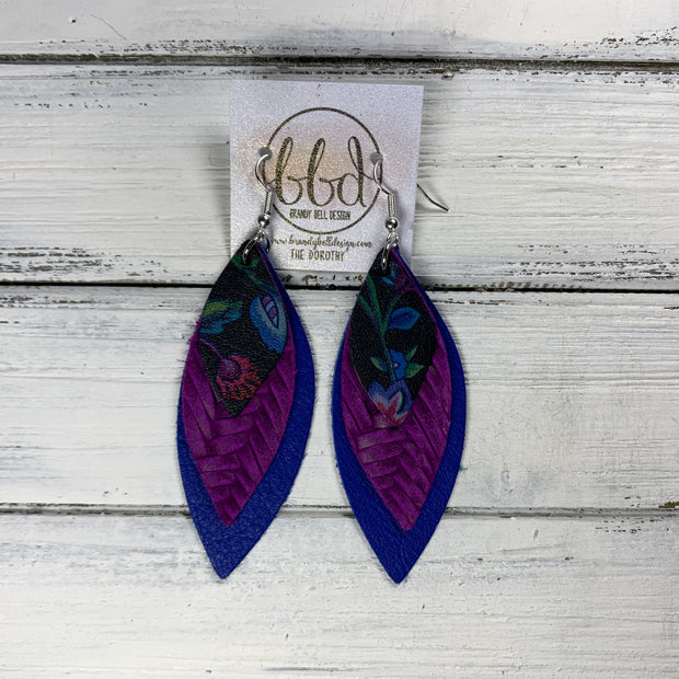 DOROTHY - Leather Earrings  ||  <BR> DARK BLACK FLORAL, <BR> PURPLE BRAID, <BR> MATTE COBALT BLUE