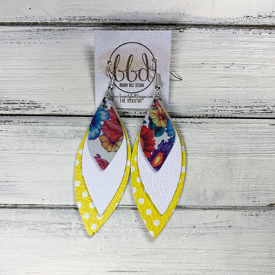 DOROTHY - Leather Earrings  ||  <BR> TUTTI FRUITTI FLORAL, <BR> MATTE WHITE, <BR> BRIGHT YELLOW POLKADOTS