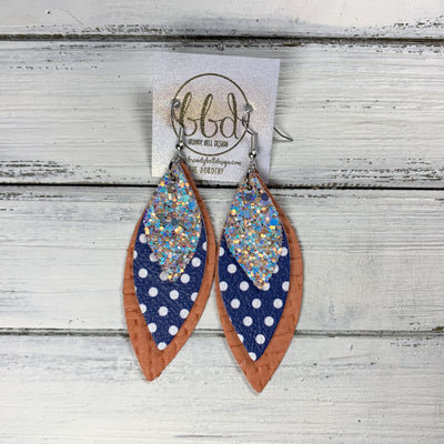 DOROTHY - Leather Earrings  ||  <BR>  PEACHES N CREAM GLITTER (FAUX LEATHER), <BR> NAVY & WHITE POLKADOTS, <BR> CORAL PANAMA WEAVE
