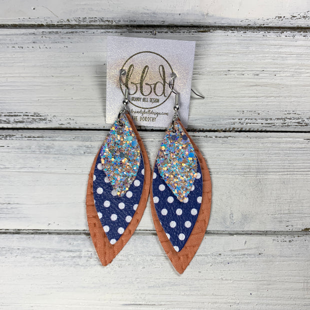 DOROTHY - Leather Earrings  ||  <BR>  PEACHES N CREAM GLITTER (FAUX LEATHER), <BR> NAVY & WHITE POLKADOTS, <BR> CORAL PANAMA WEAVE