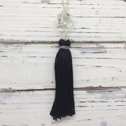 TASSEL NECKLACE - CAROLINA  || BLACK TASSEL WITH SILVER CAGE WITH ENCLOSED GEM