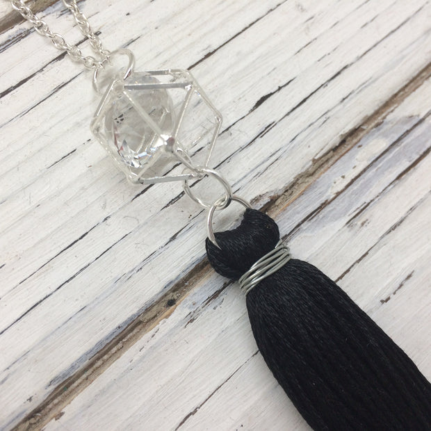 TASSEL NECKLACE - CAROLINA  || BLACK TASSEL WITH SILVER CAGE WITH ENCLOSED GEM