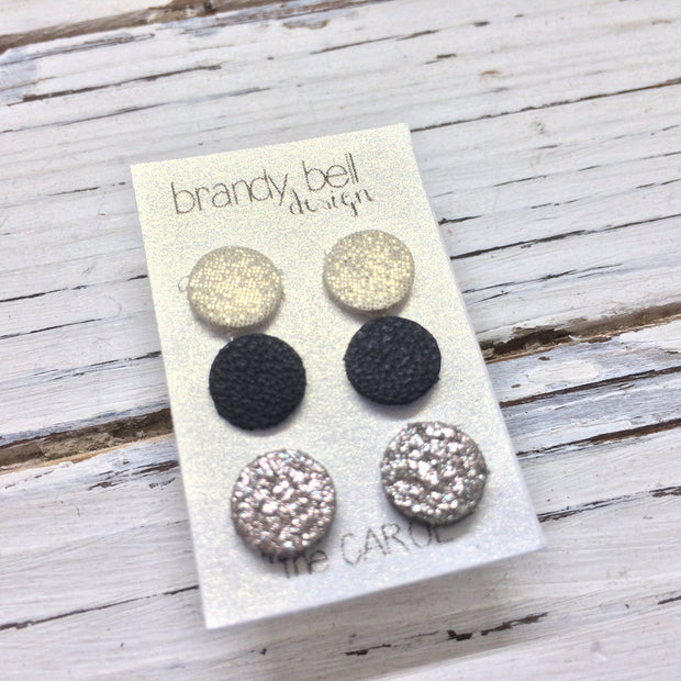 CAROL (3/PACK) - Leather Stud Earrings  || SHIMMER GOLD, MATTE BLACK, IRIDESCENT SILVER