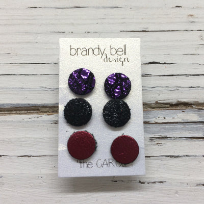 CAROL (3/PACK) - Leather Stud Earrings   || METALLIC PURPLE MERMAID, SHIMMER BLACK, METALLIC CRANBERRY