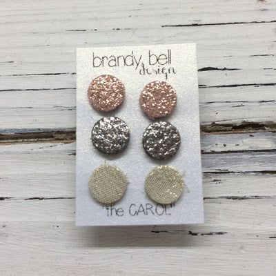 CAROL (3/PACK) - Leather Stud Earrings  || SHIMMER PINK, IRIDESCENT SILVER, SHIMMER GOLD