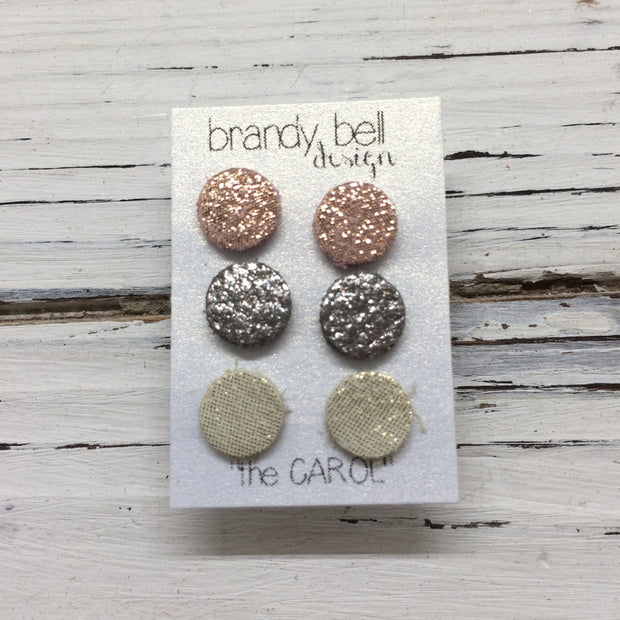 CAROL (3/PACK) - Leather Stud Earrings  || SHIMMER PINK, IRIDESCENT SILVER, SHIMMER GOLD