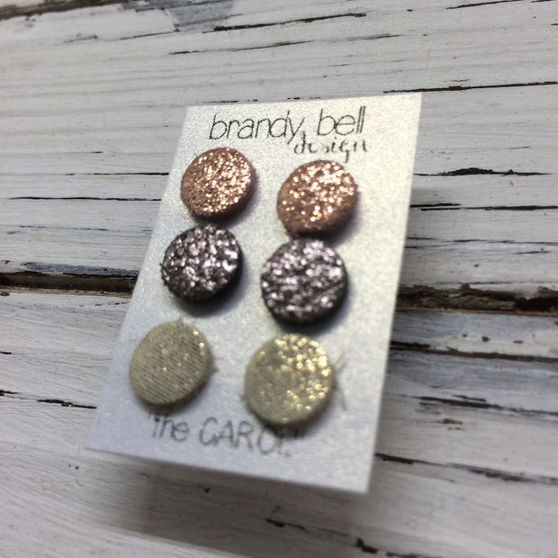 CAROL (3/PACK) - Leather Stud Earrings  || SHIMMER PINK, IRIDESCENT SILVER, SHIMMER GOLD