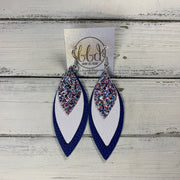 DOROTHY - Leather Earrings  ||  <BR> AMERICANA GLITTER (FAUX LEATHER), <BR>  MATTE WHITE, <BR> MATTE COBALT BLUE