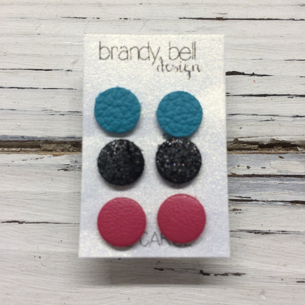 CAROL (3/PACK) - Leather Stud Earrings  || MATTE TEAL, SHIMMER BLACK, MATTE PINK