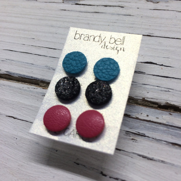 CAROL (3/PACK) - Leather Stud Earrings  || MATTE TEAL, SHIMMER BLACK, MATTE PINK