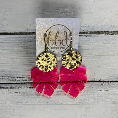 LIMITED EDITION PALM COLLECTION -  Leather Earrings  ||  <BR>  GOLD & BLACK CHEETAH, <BR> NEON PINK PALM LEAF