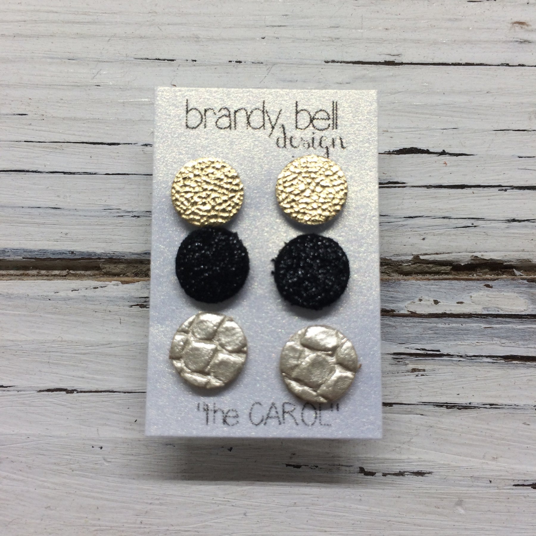 CAROL 3 PACK Leather Stud Earrings METALLIC GOLD SHIMMER BLACK Brandy Bell Design