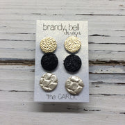 CAROL (3/PACK) - Leather Stud Earrings   || METALLIC GOLD, SHIMMER BLACK, METALLIC CHAMPAGNE COBRA