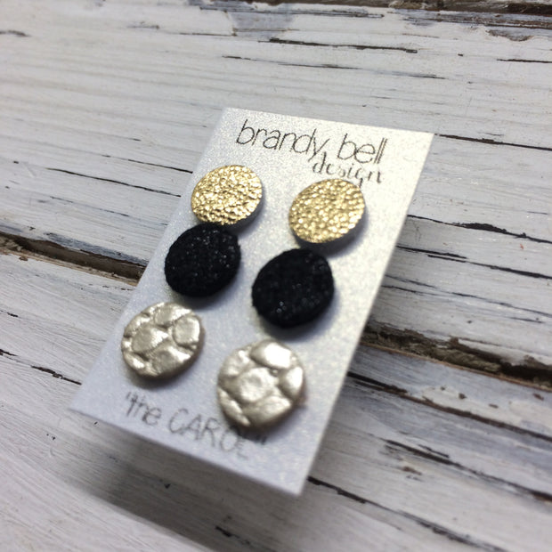 CAROL (3/PACK) - Leather Stud Earrings   || METALLIC GOLD, SHIMMER BLACK, METALLIC CHAMPAGNE COBRA