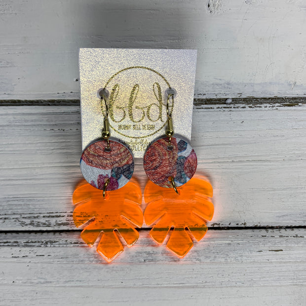 LIMITED EDITION PALM COLLECTION -  Leather Earrings  ||  <BR>  TUTTI FRUITTI FLORAL, <BR> NEON ORANGE PALM LEAF