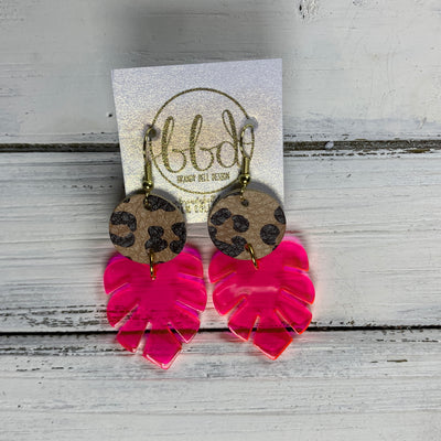 LIMITED EDITION PALM COLLECTION -  Leather Earrings  ||  <BR>  CARAMEL CHEETAH, <BR> NEON PINK PALM LEAF