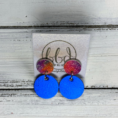 GLITTER POST *Limited Edition* COLLECTION ||  Leather Earrings || GLITTER STUD WITH METALLIC COBALT BLUE CIRCLE