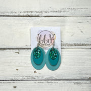 DIANE -  Leather Earrings  ||  <BR> JADE GLITTER (FAUX LEATHER), <BR> MATTE TEAL SMOOTH, <BR> AQUA RIVIERA