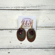 DIANE -  Leather Earrings  ||  <BR> BURGUNDY GLITTER (FAUX LEATHER), <BR> OLIVE GREEN BRAID, <BR> DISTRESSED BROWN