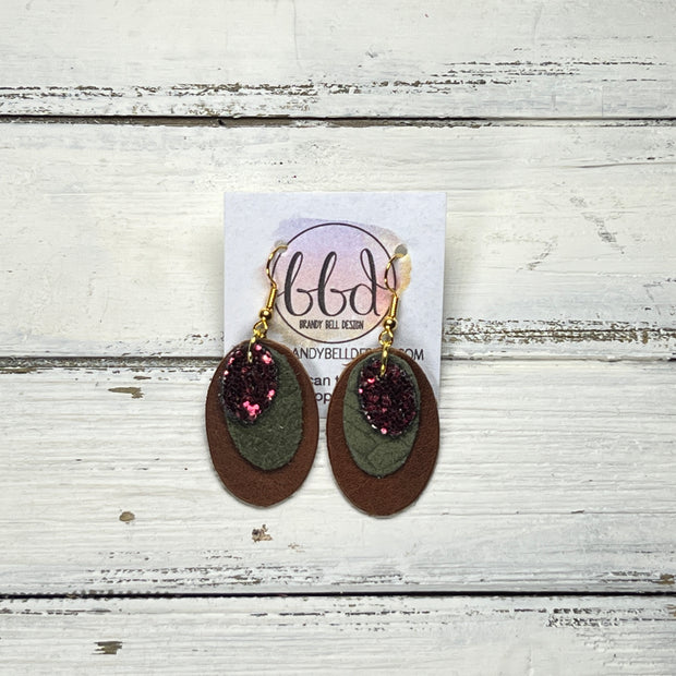 DIANE -  Leather Earrings  ||  <BR> BURGUNDY GLITTER (FAUX LEATHER), <BR> OLIVE GREEN BRAID, <BR> DISTRESSED BROWN