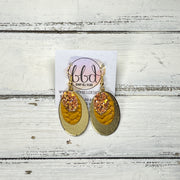 DIANE -  Leather Earrings  ||  <BR> PUMPKIN SPICE GLITTER (FAUX LEATHER), <BR> MUSTARD BRAID, <BR> METALLIC GOLD SMOOTH