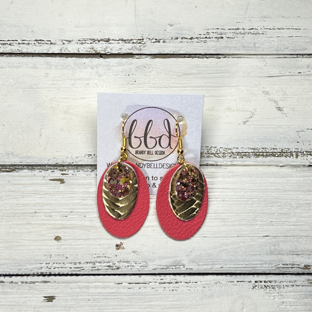 DIANE -  Leather Earrings  ||  <BR> PINK & GOLD GLITTER (FAUX LEATHER, <BR> METALLIC GOLD BRAID, <BR> MATTE CORAL/PINK