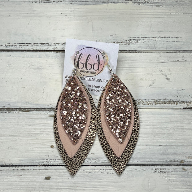 INDIA -  Leather Earrings  ||   <BR> ROSE GOLD GLITTER (FAUX LEATHER, <BR> MATTE BLUSH PINK, <BR> METALLIC ROSE GOLD DRIPS